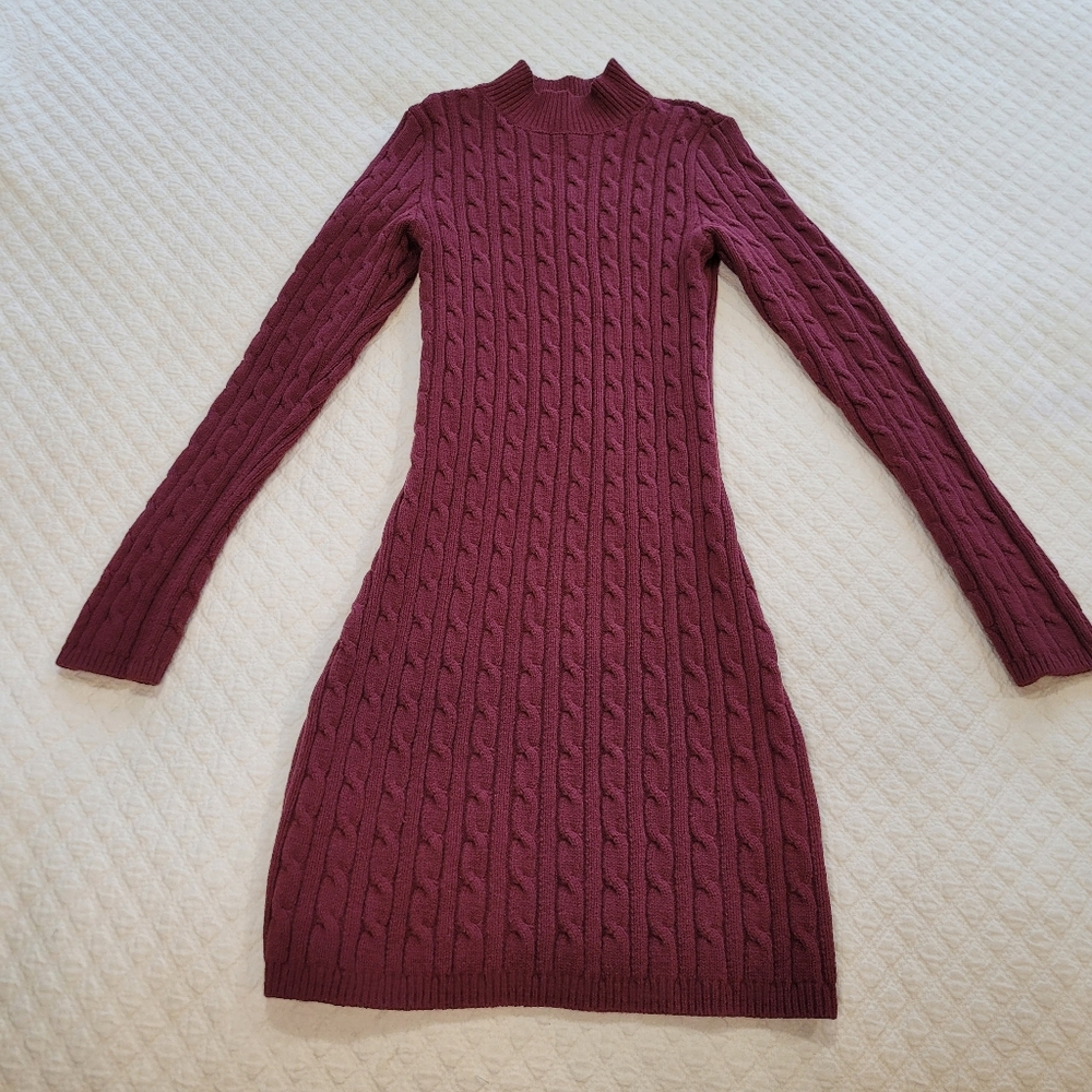 Hollister Cable Knit Mini Sweater Dress Mock Neck Size Small Maroon